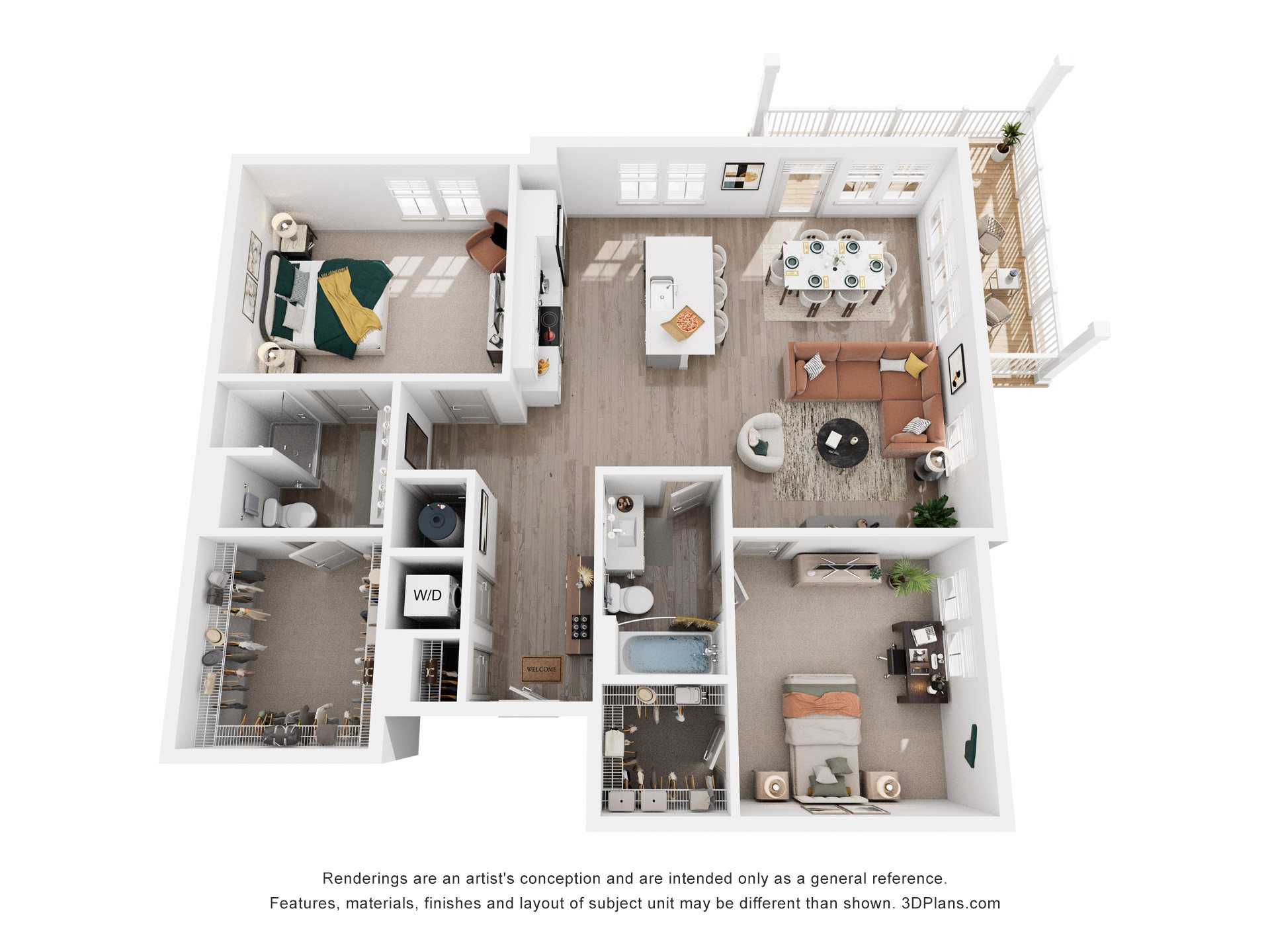Floor plan for 2 beds, 2 baths, 1222 sqft